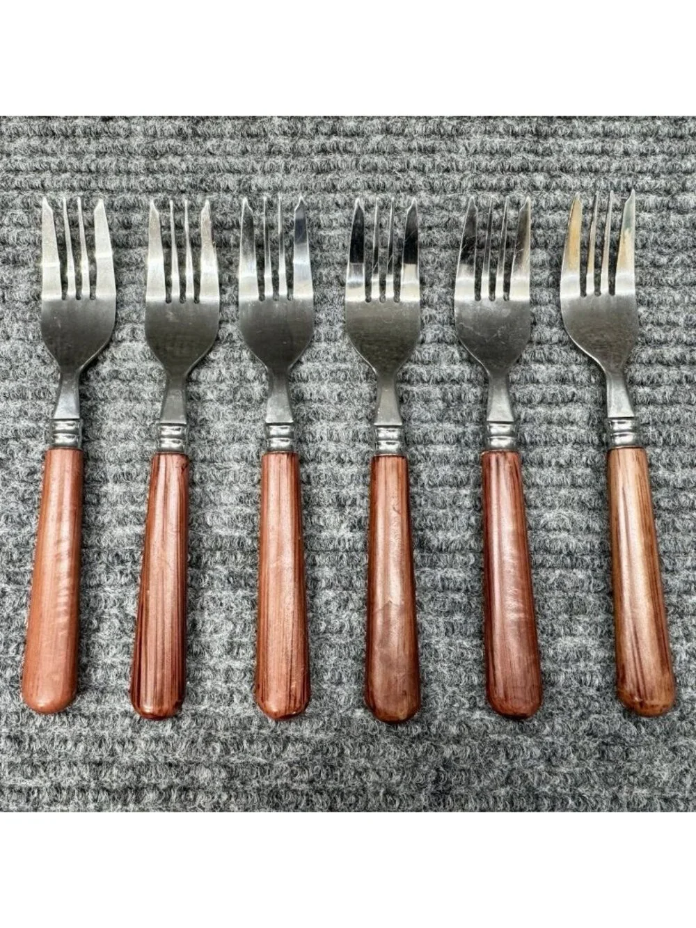 Faberware Silverware Lot Of 6 Small Forks Faux Wood Brown Handle Child Vintage